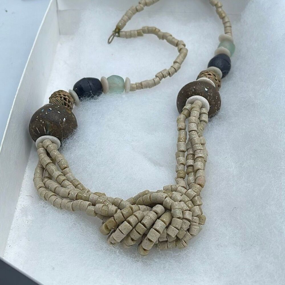 Vintage stone glass metal beaded knotted necklace.
